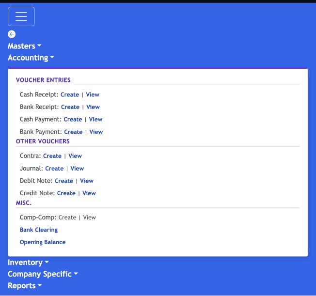 Jhapu Accounting menu showing voucher entry, other voucher and banking options