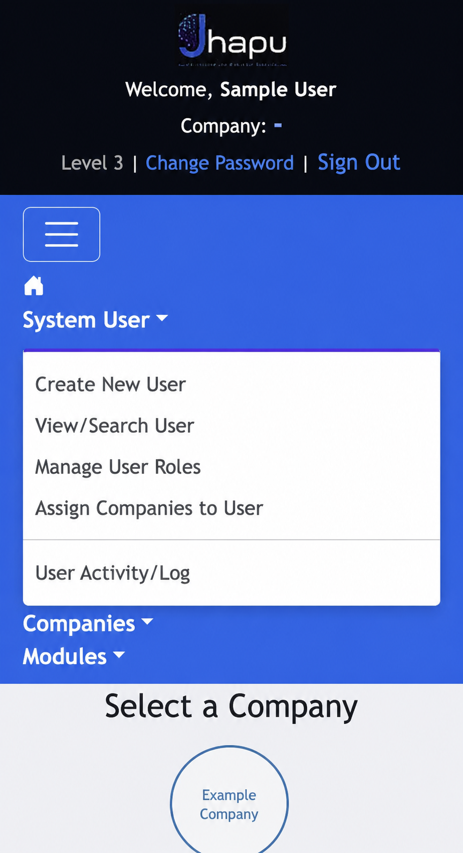 Example System User menu available to a Jhapu administrator