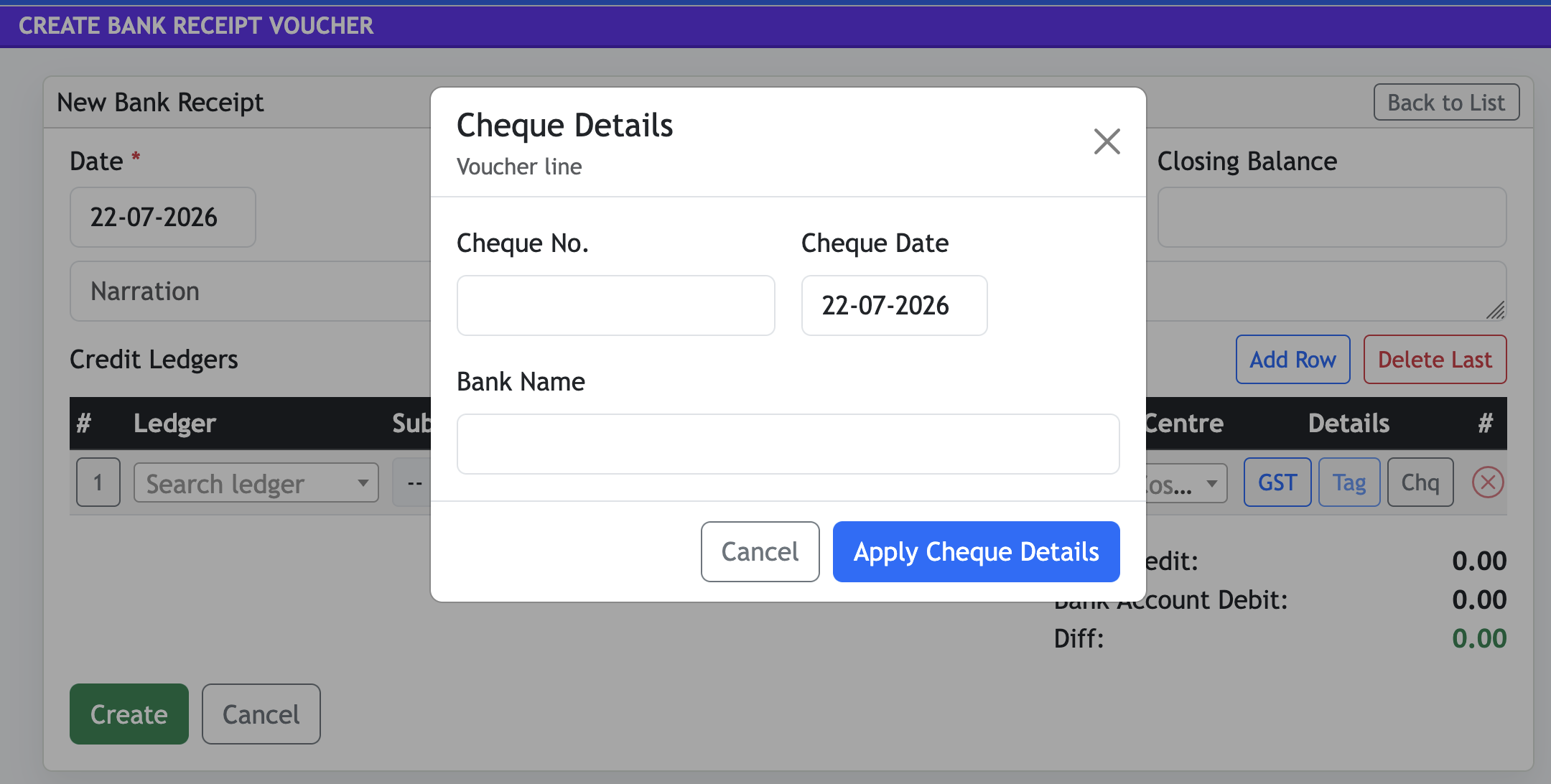 Jhapu Bank Receipt Voucher form with the Cheque Details dialog open