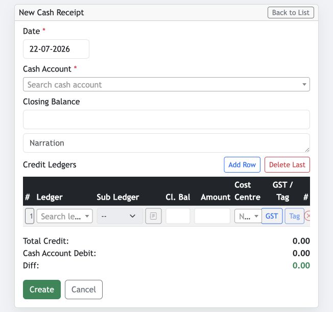 Jhapu New Cash Receipt form with date, cash account and credit ledger entry row