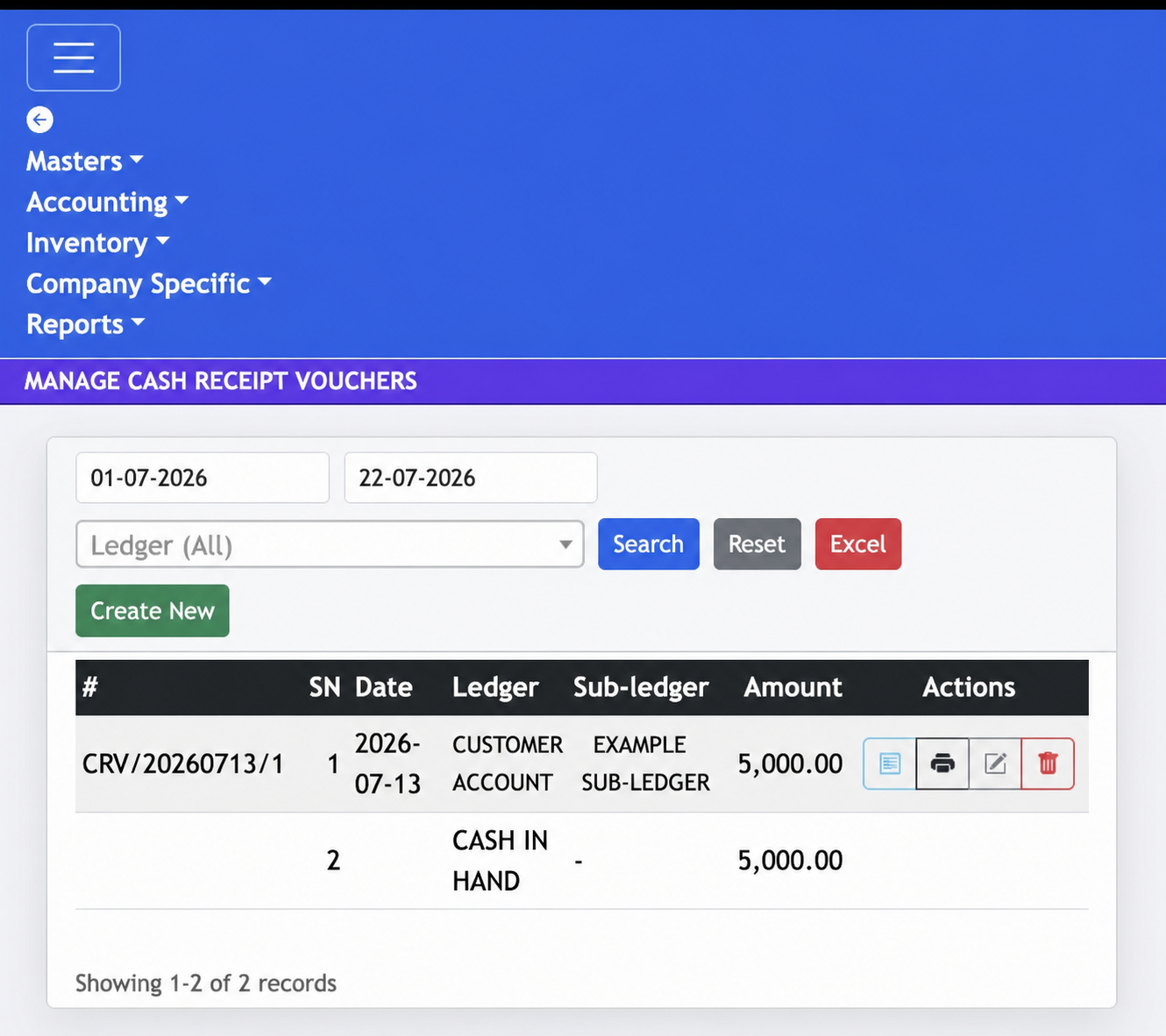 Example Jhapu Manage Cash Receipt Vouchers list with date filters, ledger filter and row actions