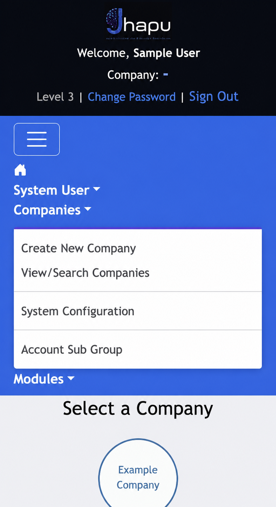 Example Companies menu available to a Jhapu administrator