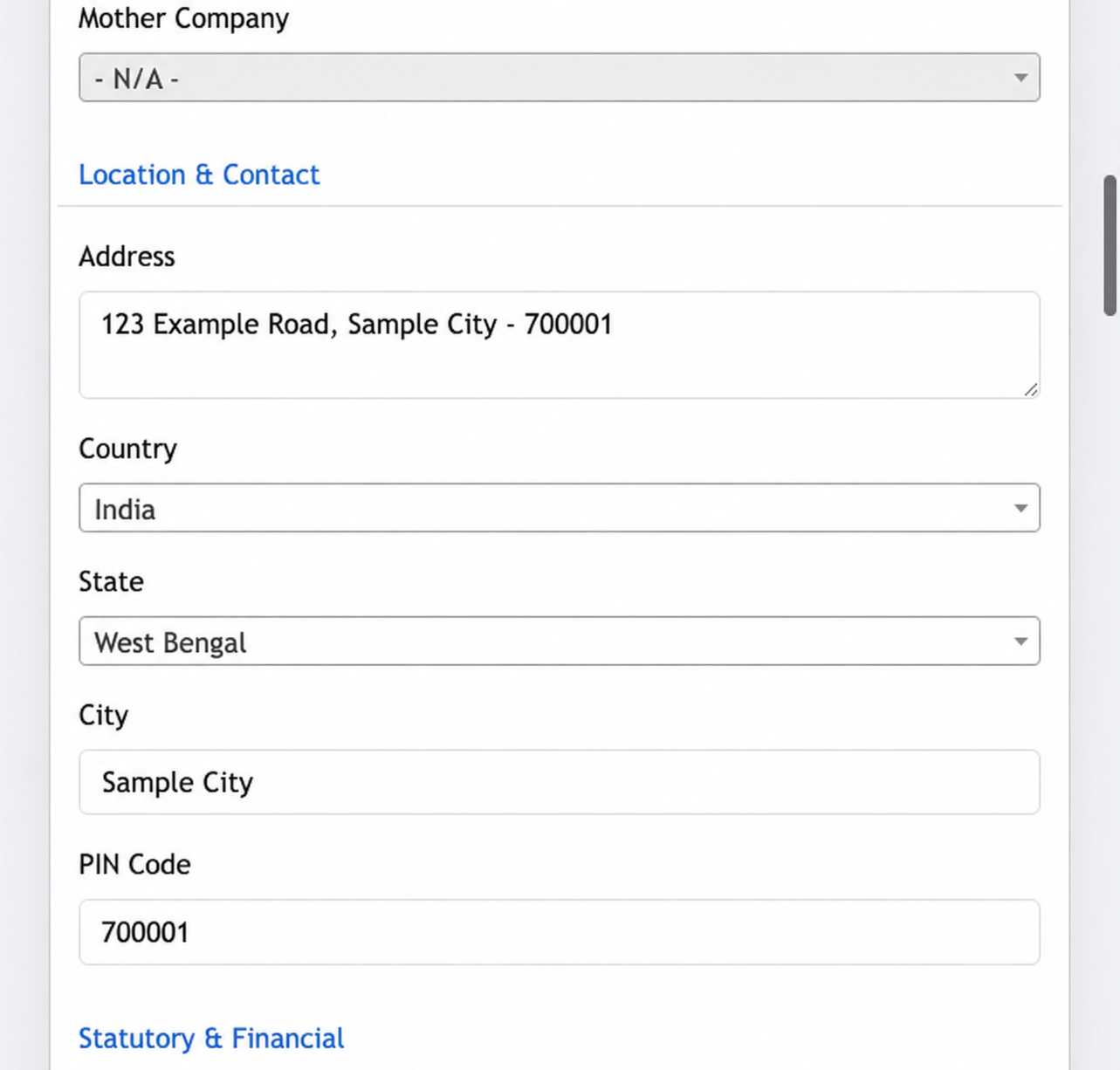 Example Edit Company Location and Contact section