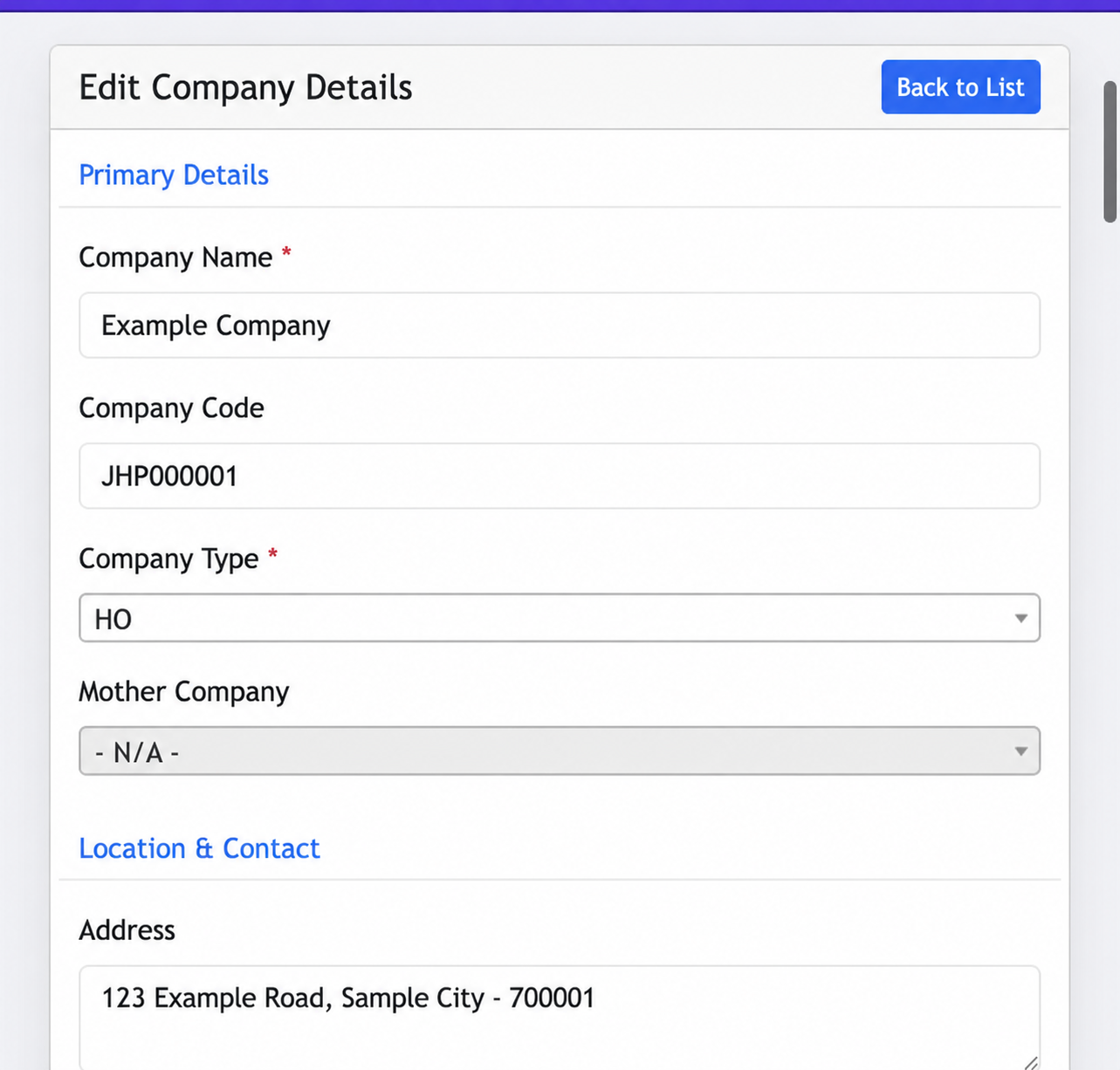 Example Edit Company Primary Details section