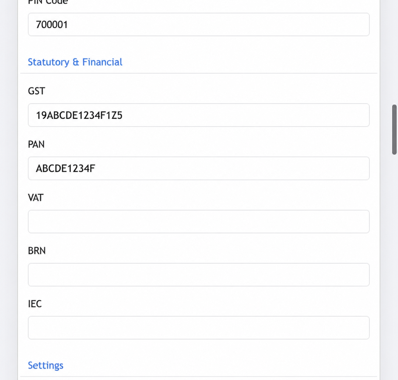 Example Edit Company Statutory and Financial section