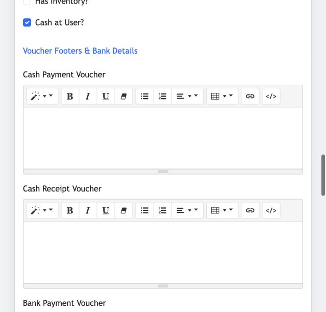 Example Edit Company Voucher Footers and Bank Details section