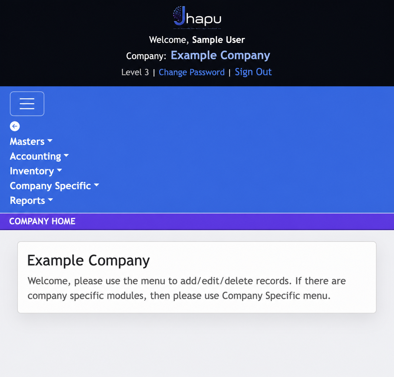 Example Jhapu Company Home page after company selection