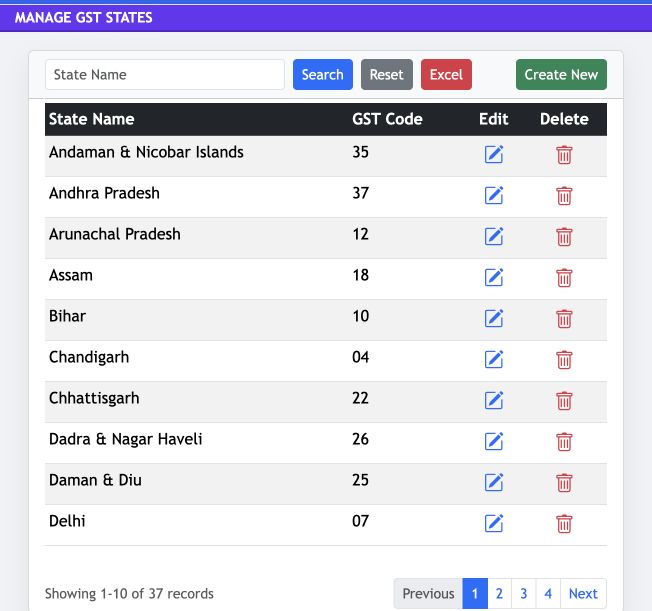 Jhapu Manage GST States list showing public state names, GST codes and actions