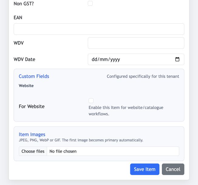 Jhapu Create New Item form showing custom fields, item image upload and save actions