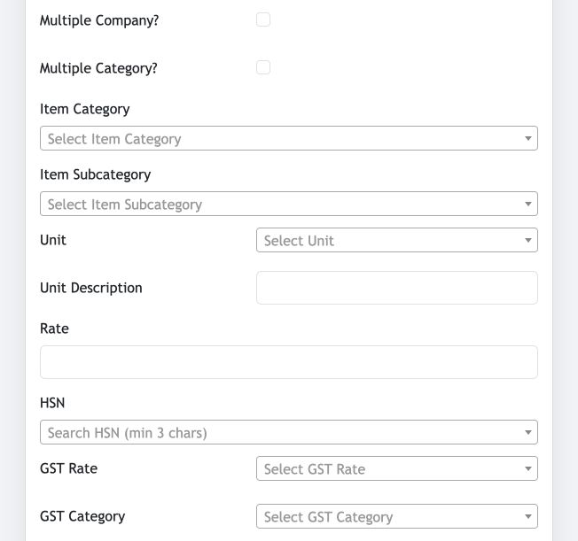 Jhapu Create New Item form showing item classification, unit, rate, HSN and GST fields