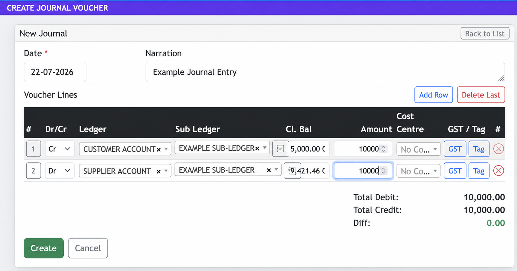 Example Jhapu New Journal Voucher form with debit and credit ledger lines