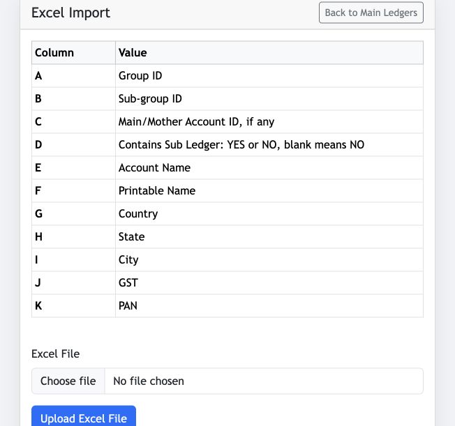 Jhapu Excel Import page showing the required main and sub-ledger spreadsheet columns and upload control