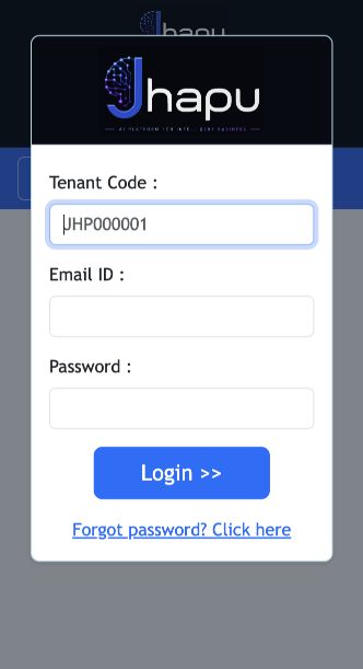 Jhapu ERP login form with Tenant Code, Email ID and Password fields