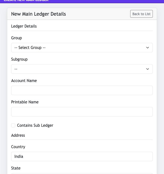 Jhapu Create New Main Ledger form showing group, subgroup, account name, printable name and address fields
