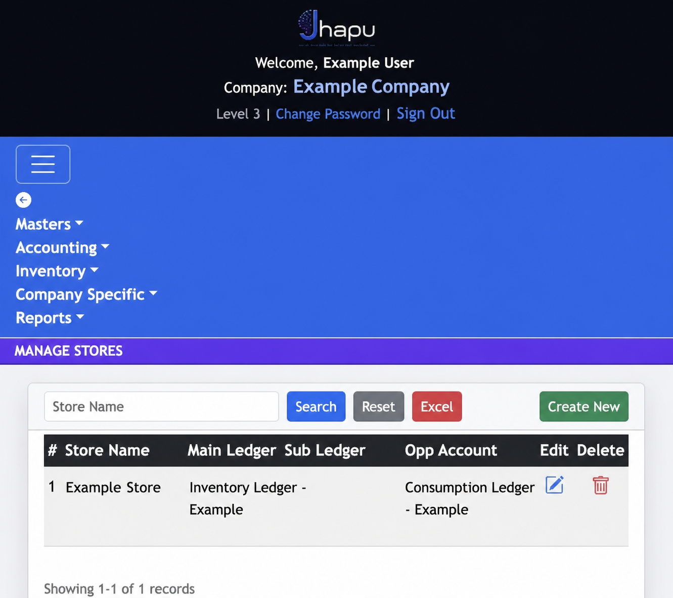 Example Jhapu Manage Stores list showing a store and ledger configuration