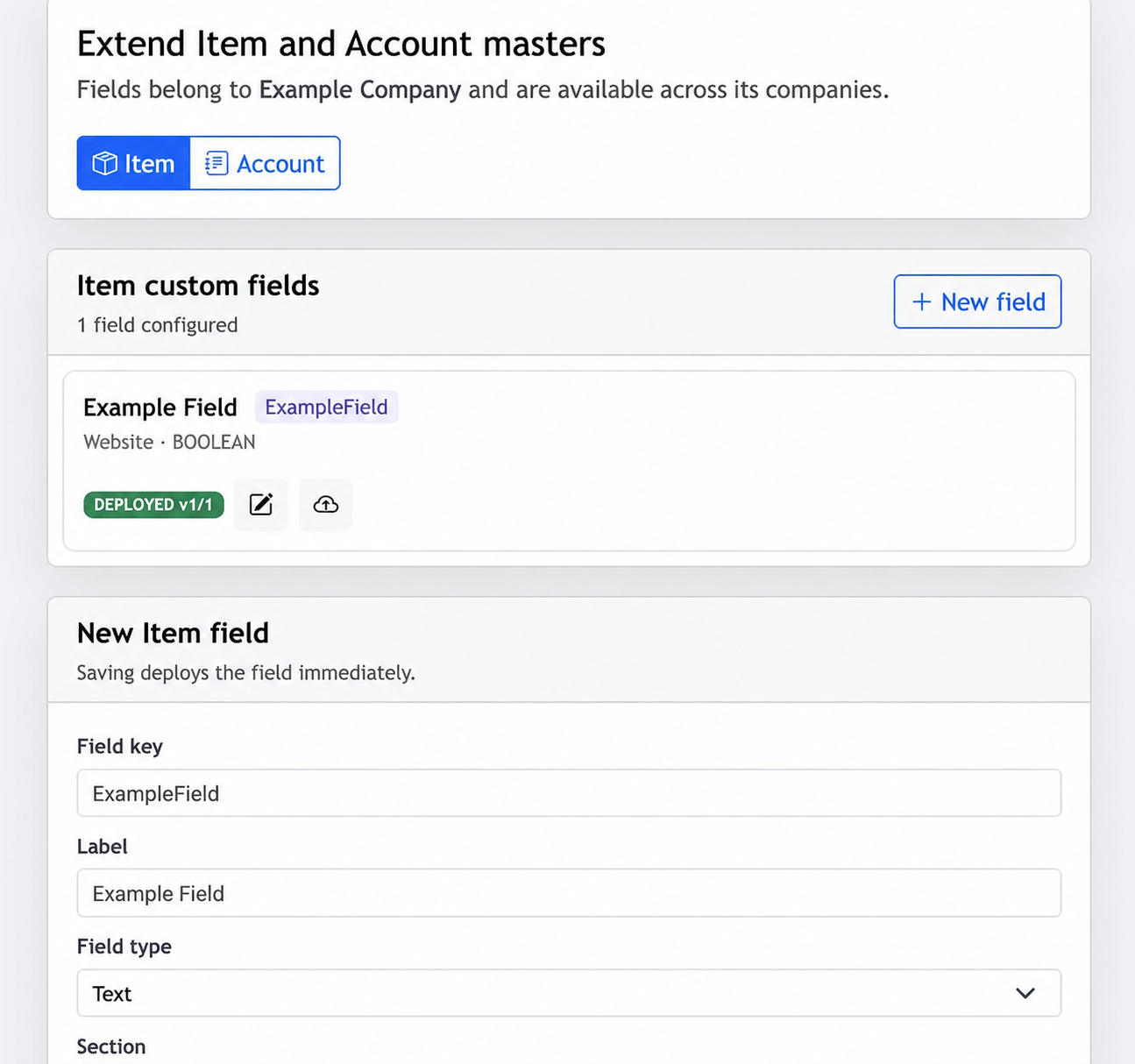 Jhapu Master Extensions page showing custom Item fields and the New Item field form