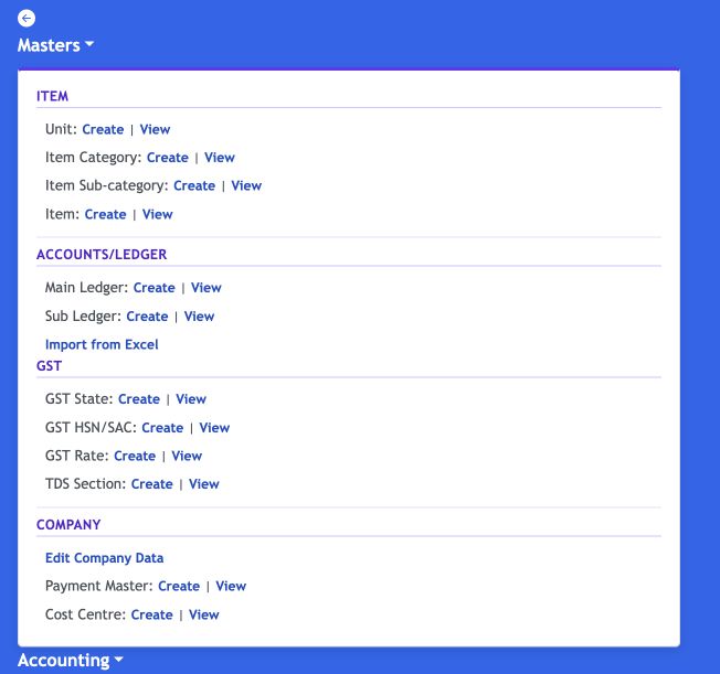 Jhapu Masters menu with item, accounts and ledger, GST, and company master data