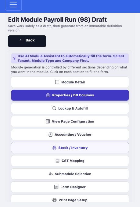 Module Builder section selector shown in the responsive ERP workspace