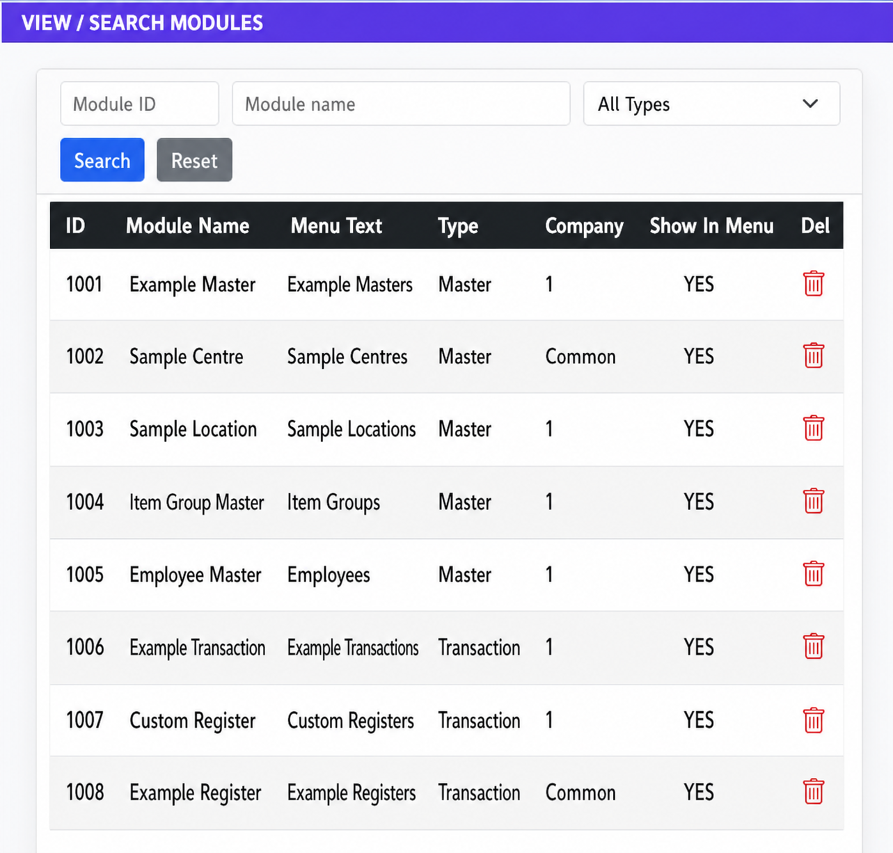 Example View and Search Modules list showing module type, company and menu visibility