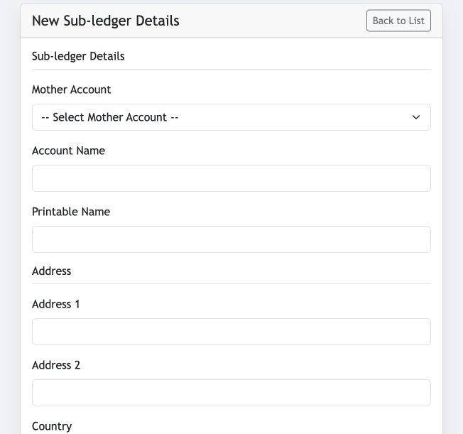 Jhapu New Sub-ledger Details form showing the Mother Account selector and account name fields