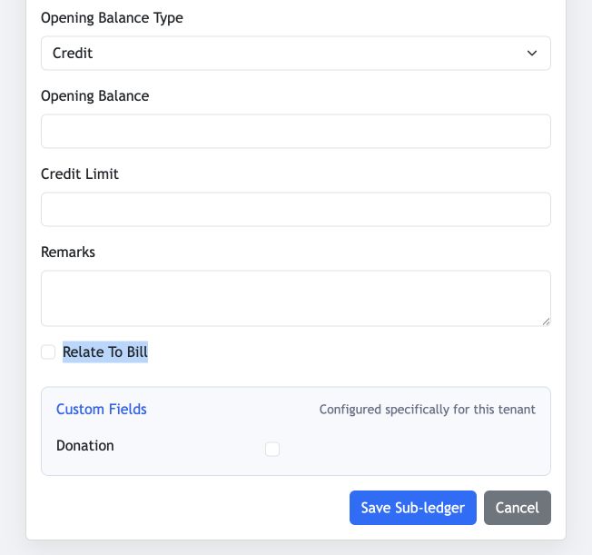 Jhapu Sub-ledger form showing opening balance, remarks and the Relate To Bill checkbox