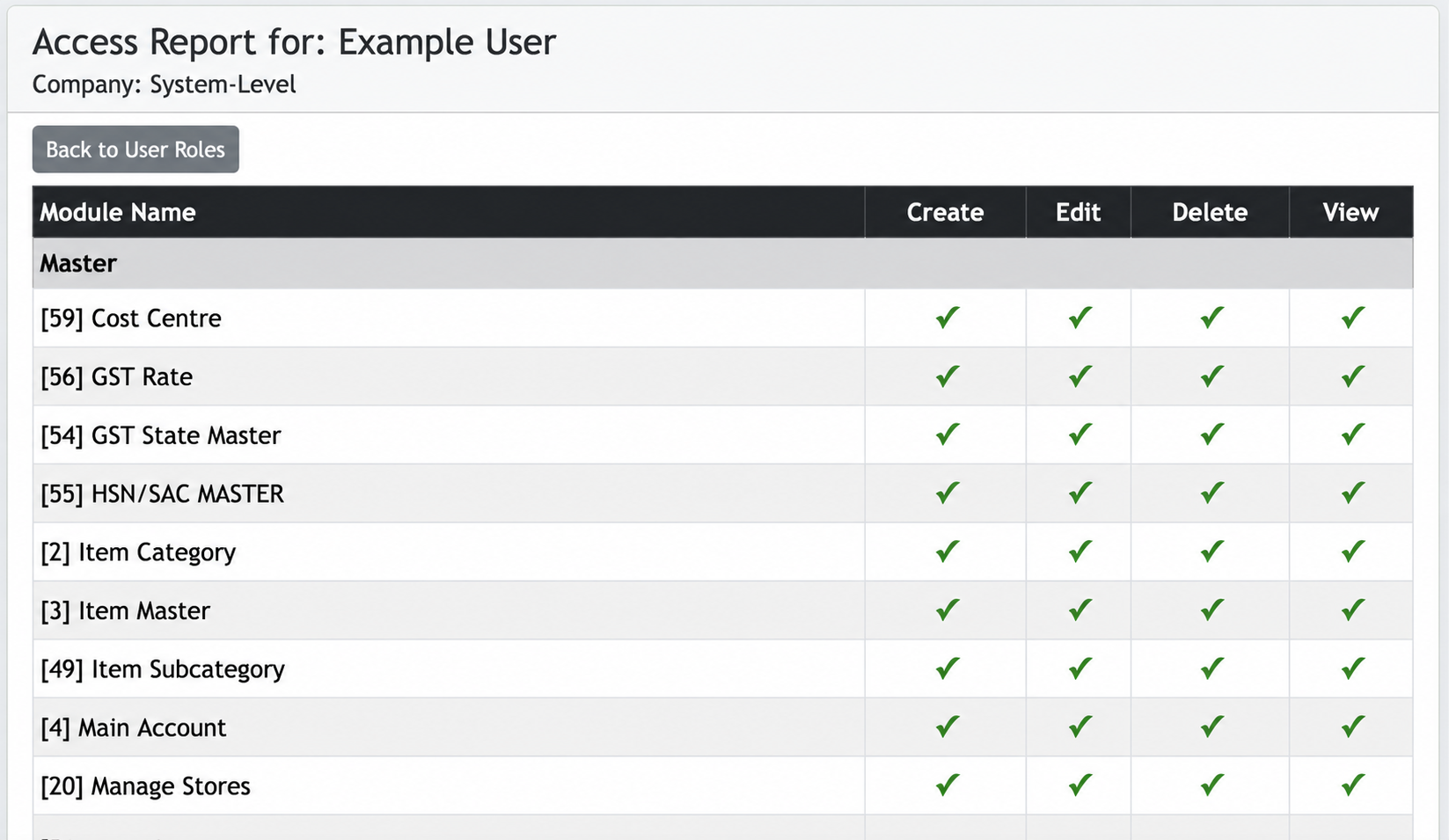 Example Jhapu User Access Report showing module-level Create, Edit, Delete and View permissions