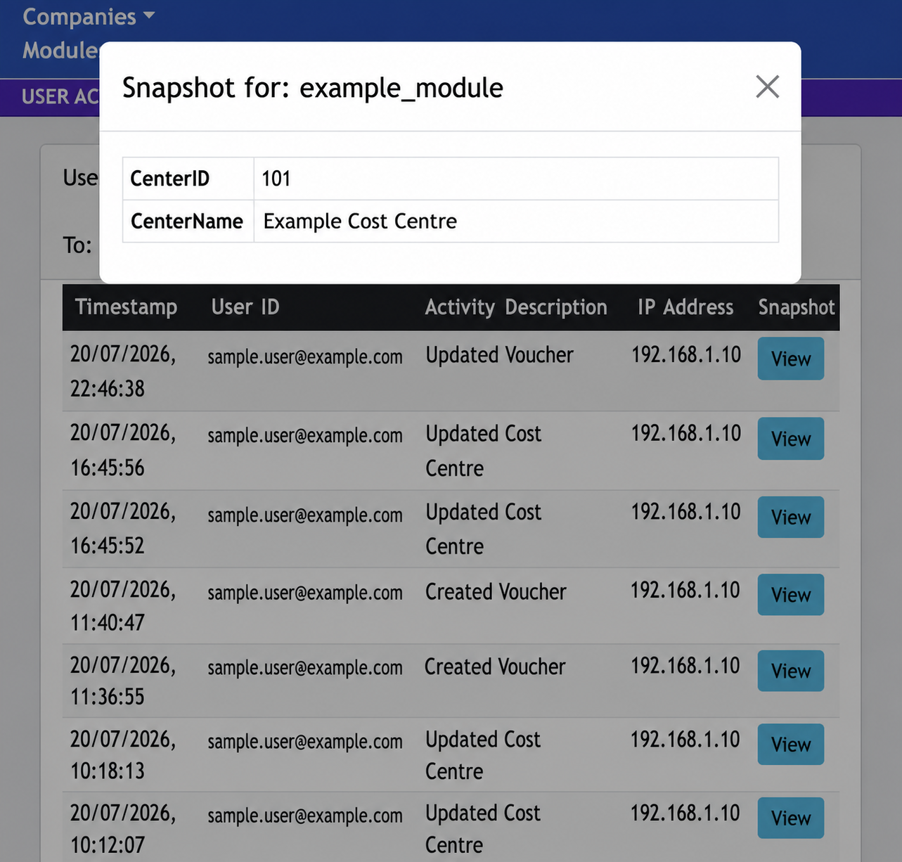 Example User Activity Log with an activity snapshot displayed after selecting View