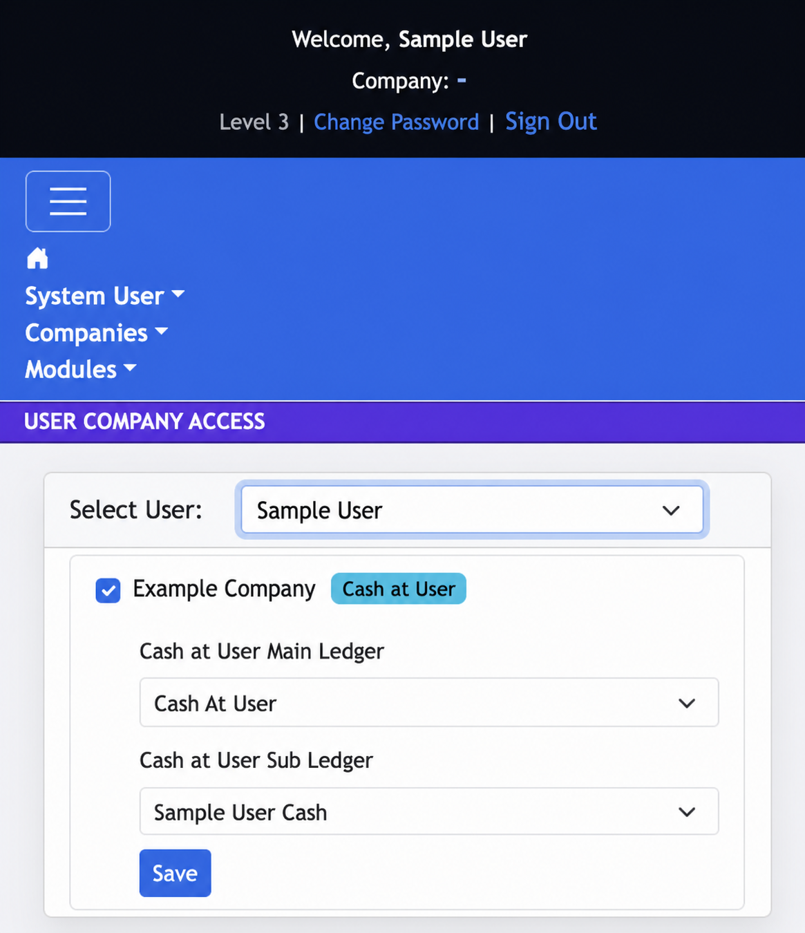 Example User Company Access screen with Cash at User ledger configuration