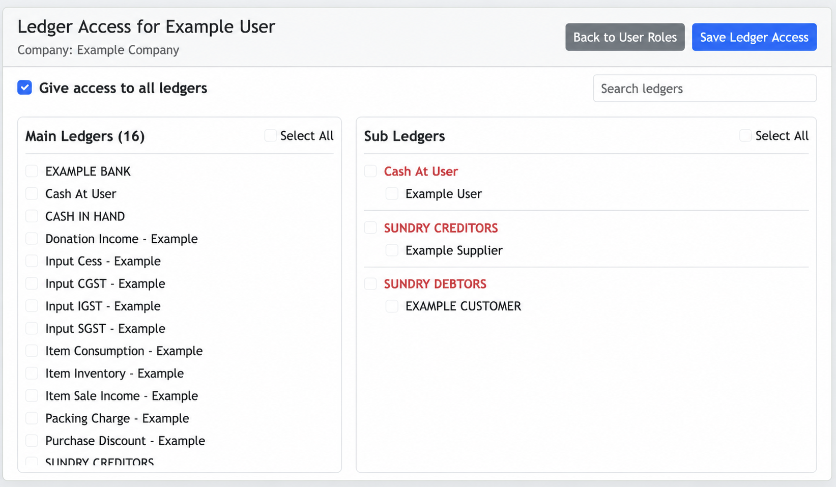 Example Jhapu User Ledger Access page with main and sub-ledger selection panels